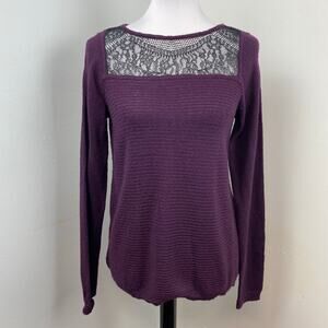 Ann Taylor Ribbed Plum Sweater Black Lace Panel Medium